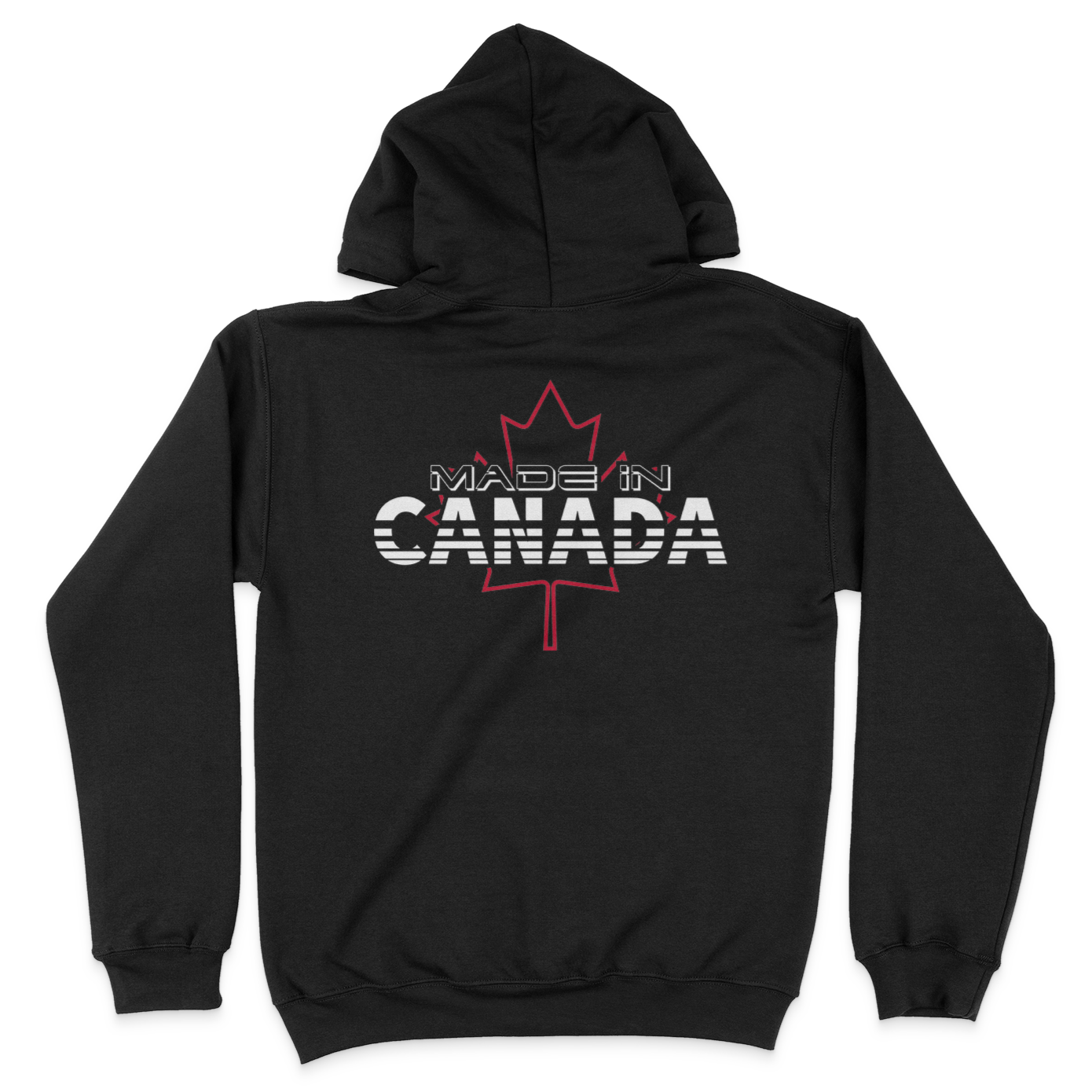 A black hoodie with a Canadian maple leaf on the back with the saying made in Canada