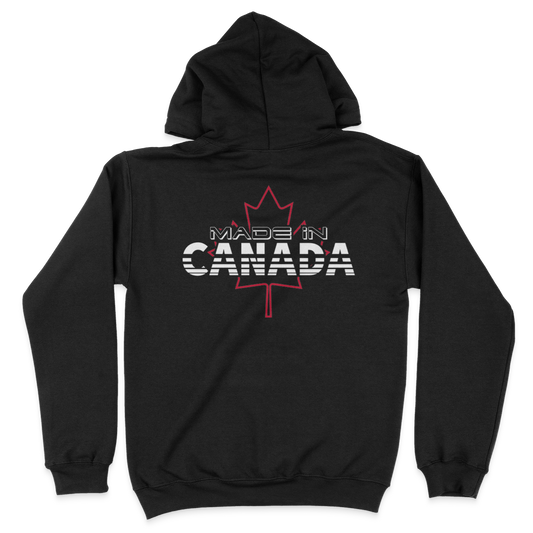 A black hoodie with a Canadian maple leaf on the back with the saying made in Canada