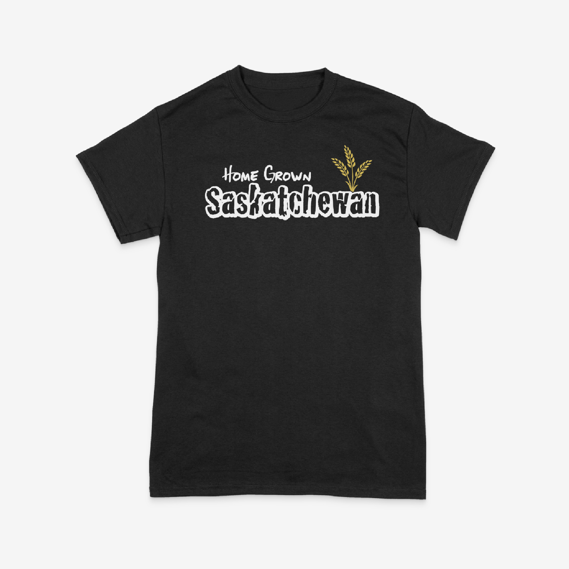 A black t shirt with white writing that says home grown Sakatchewan with wheat on front chest