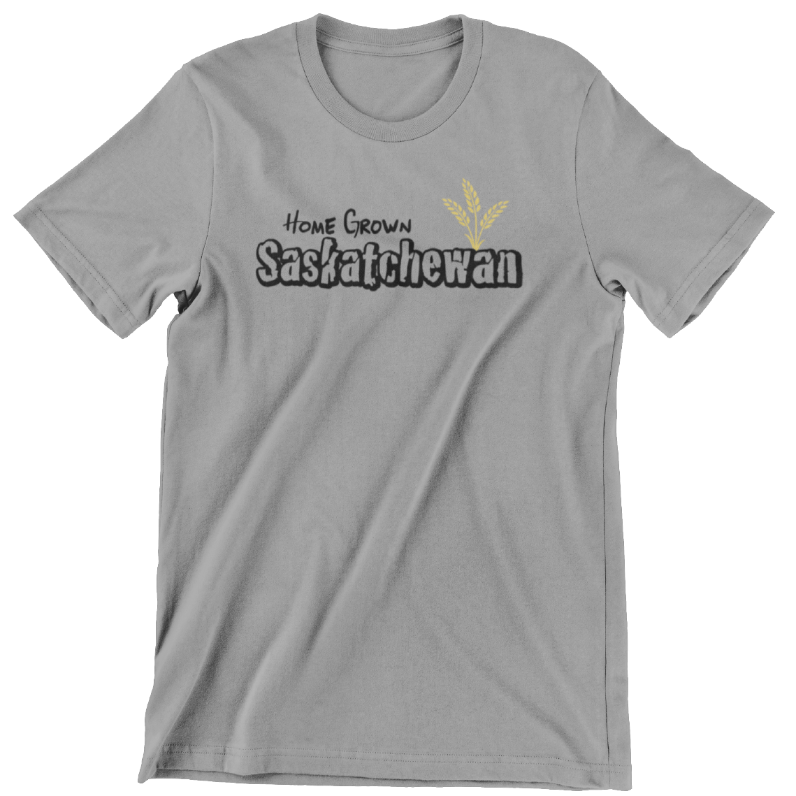 A grey t shirt with black writing that says home grown Sakatchewan with wheat on front chest