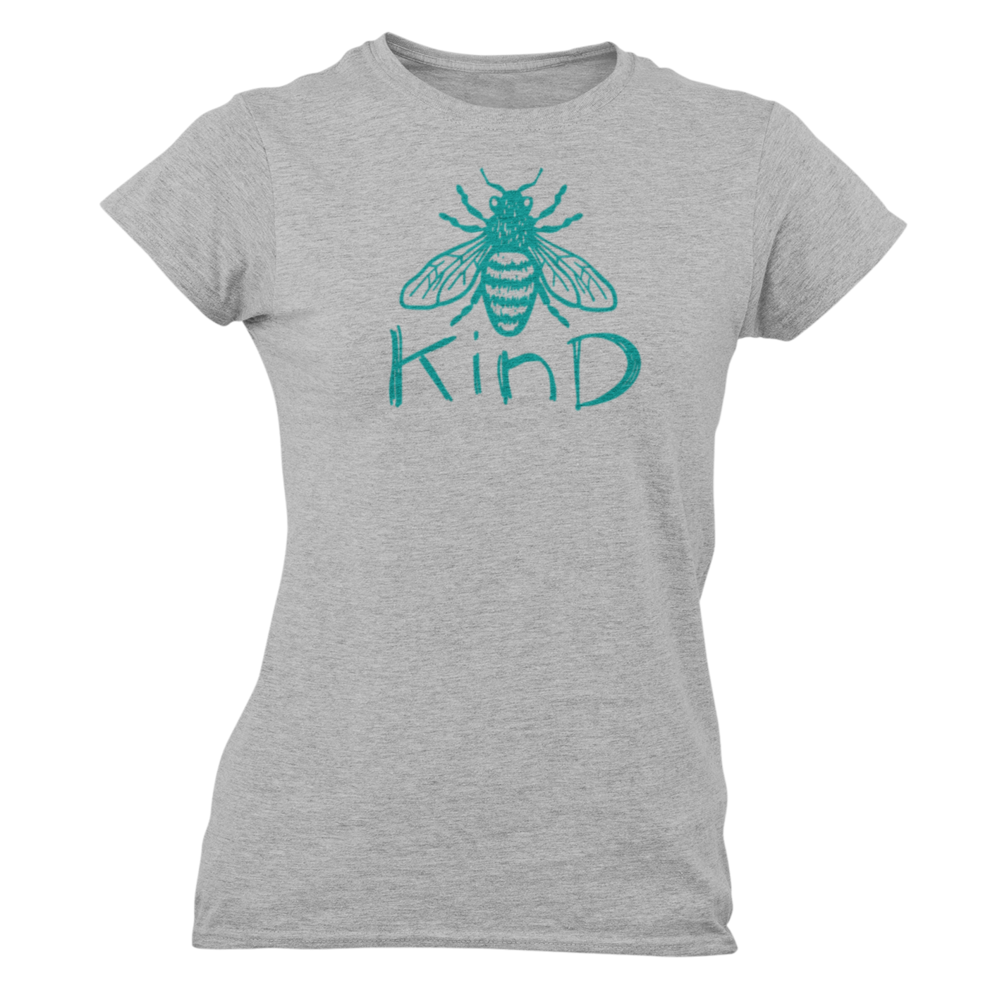 A women's grey t shirt with a teal coloured bee and the word kind on the front chest