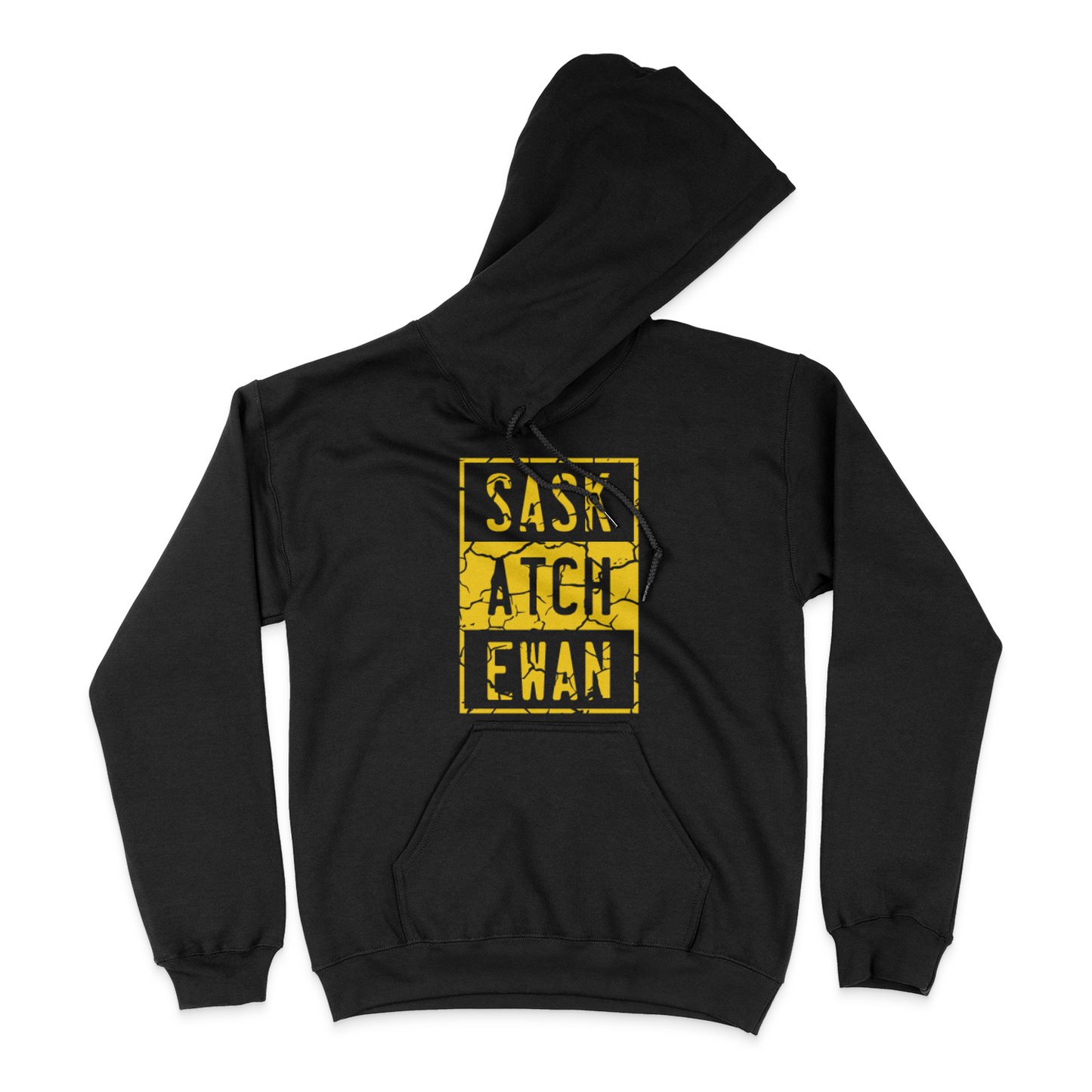 A black pullover hoodie with a yellow compton style Saskatchewan graphic on the front chest