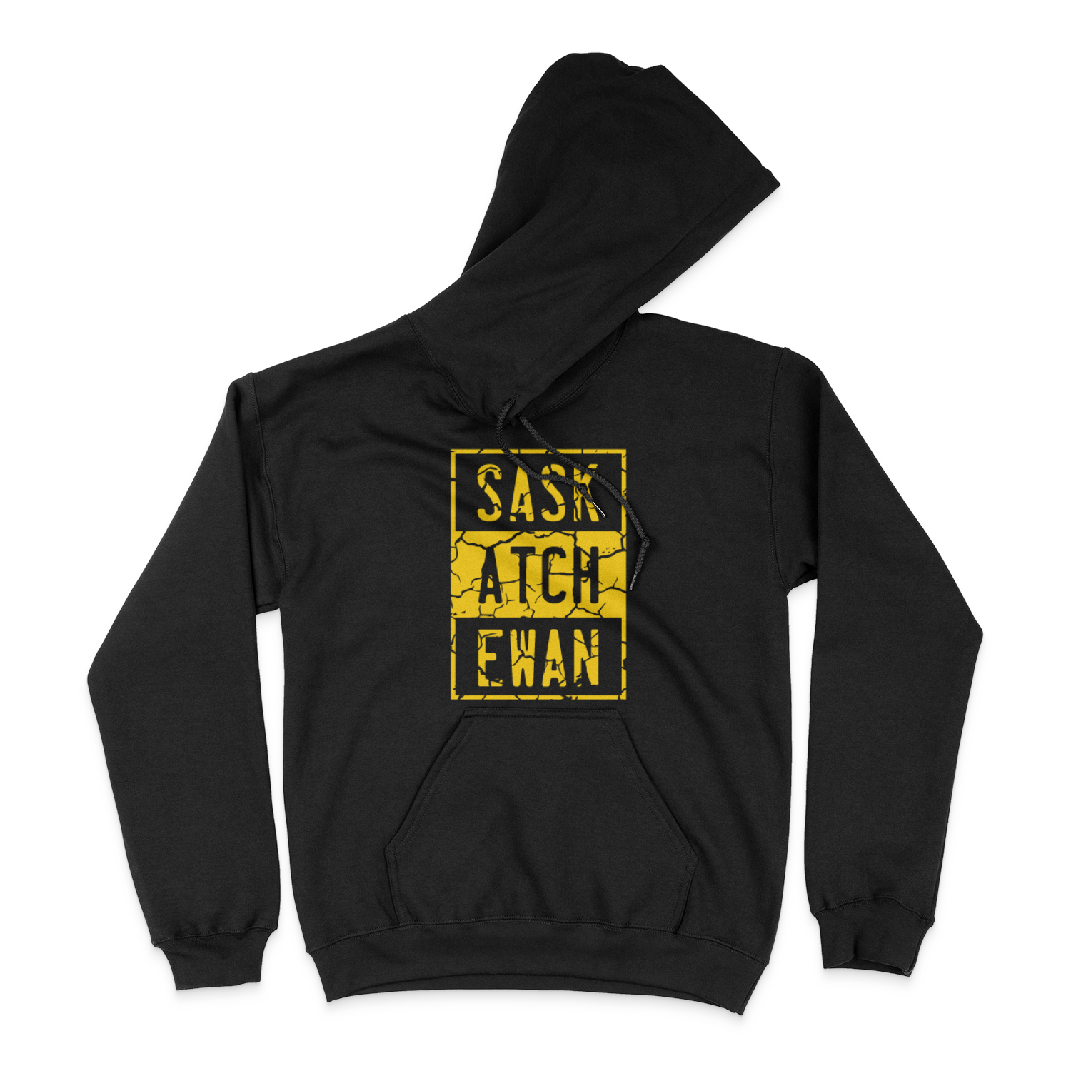 A black pullover hoodie with a yellow compton style Saskatchewan graphic on the front chest