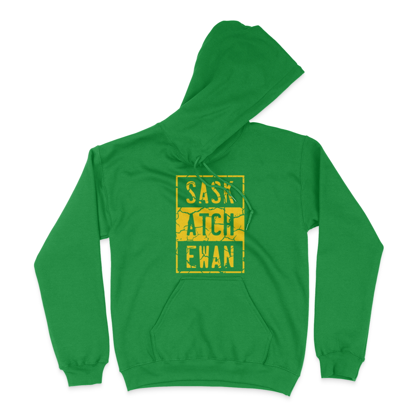 A green pullover hoodie with a yellow compton style Saskatchewan graphic on the front chest