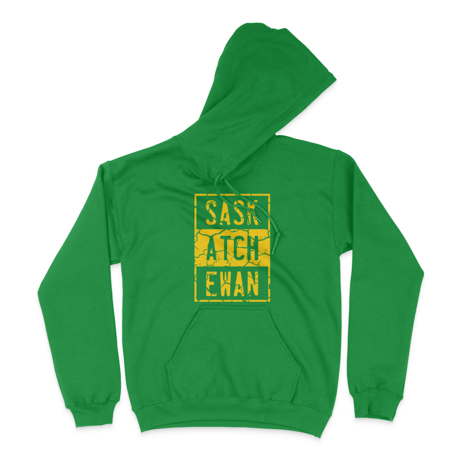 A green pullover hoodie with a yellow compton style Saskatchewan graphic on the front chest