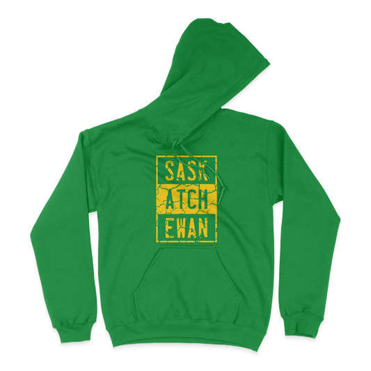 A green pullover hoodie with a yellow compton style Saskatchewan graphic on the front chest