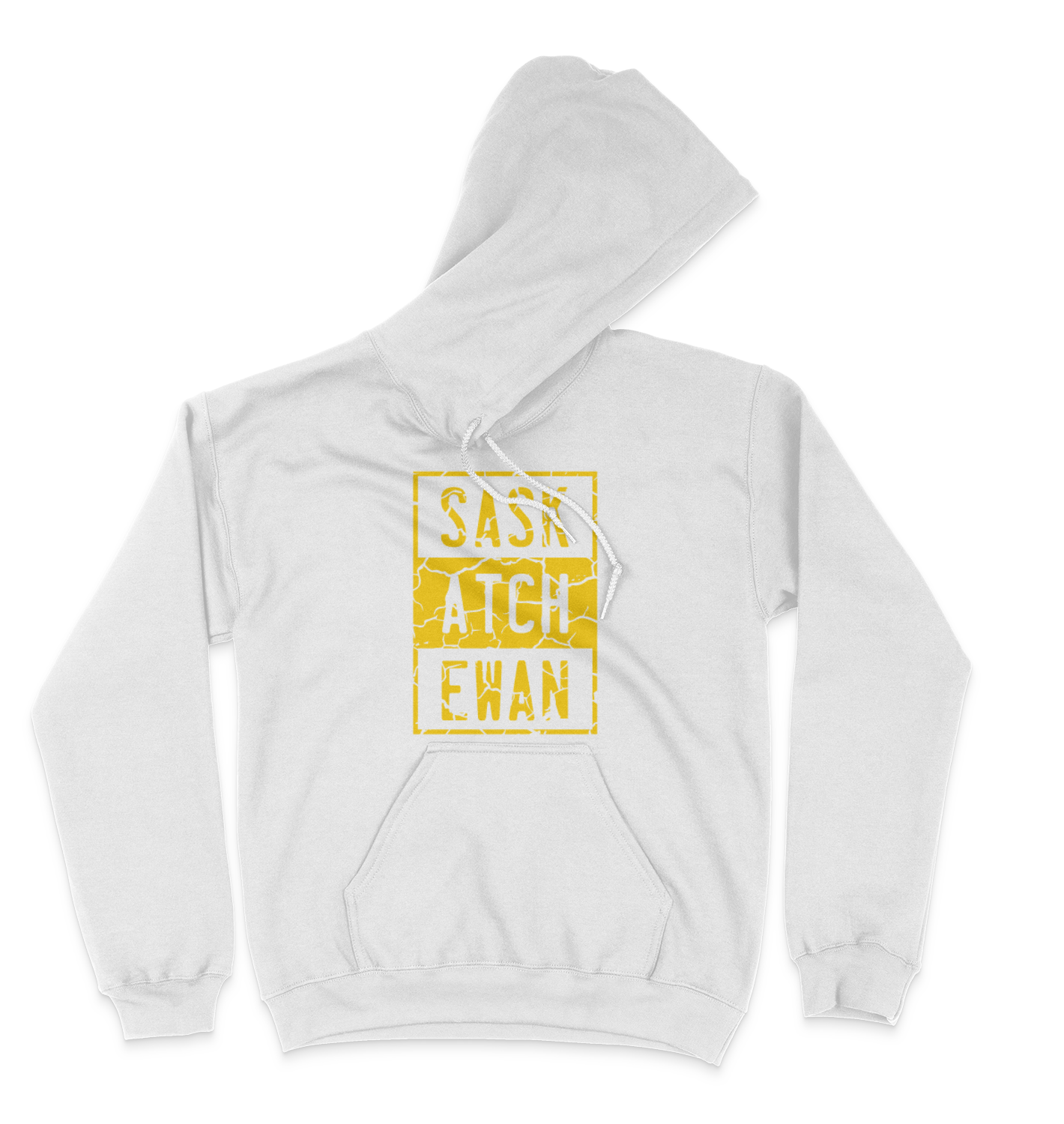 A white pullover hoodie with a yellow compton style Saskatchewan graphic on the front chest