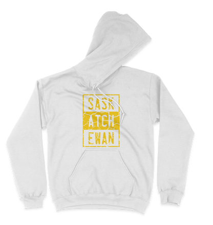 A white pullover hoodie with a yellow compton style Saskatchewan graphic on the front chest