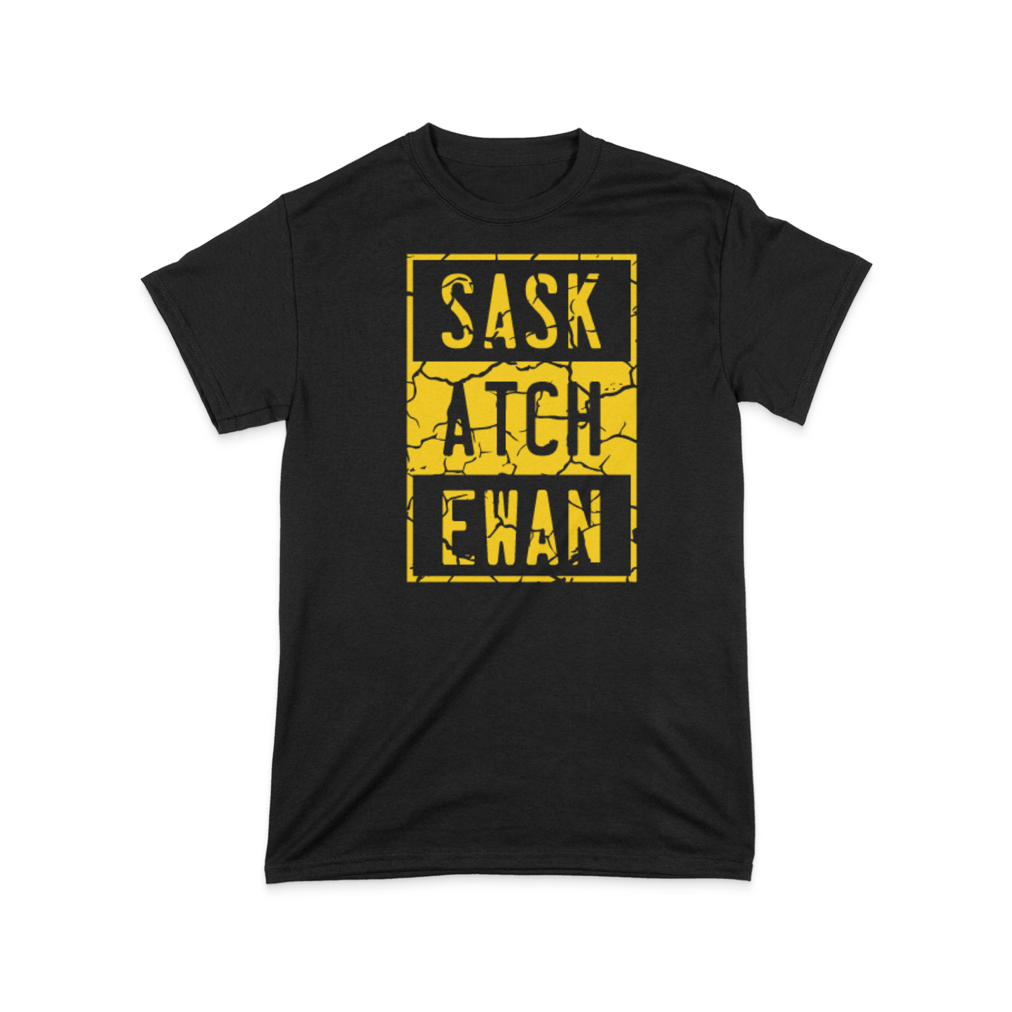 A black t-shirt with a yellow compton style Saskatchewan graphic on the front chest