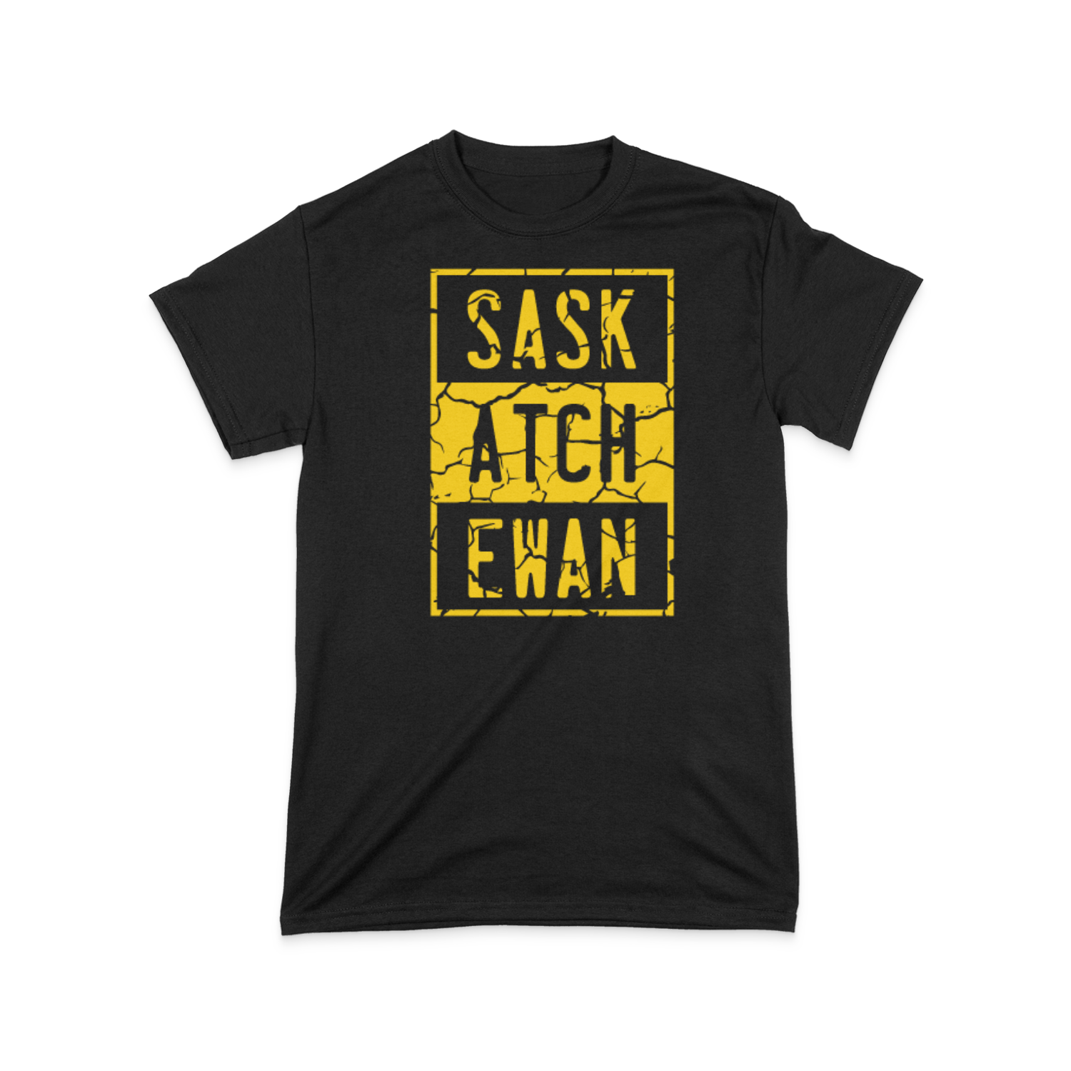 A black t-shirt with a yellow compton style Saskatchewan graphic on the front chest