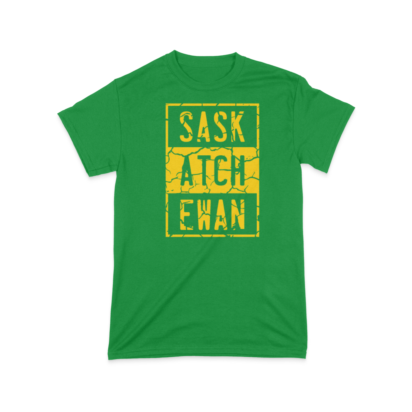 A green t-shirt with a yellow compton style Saskatchewan graphic on the front chest