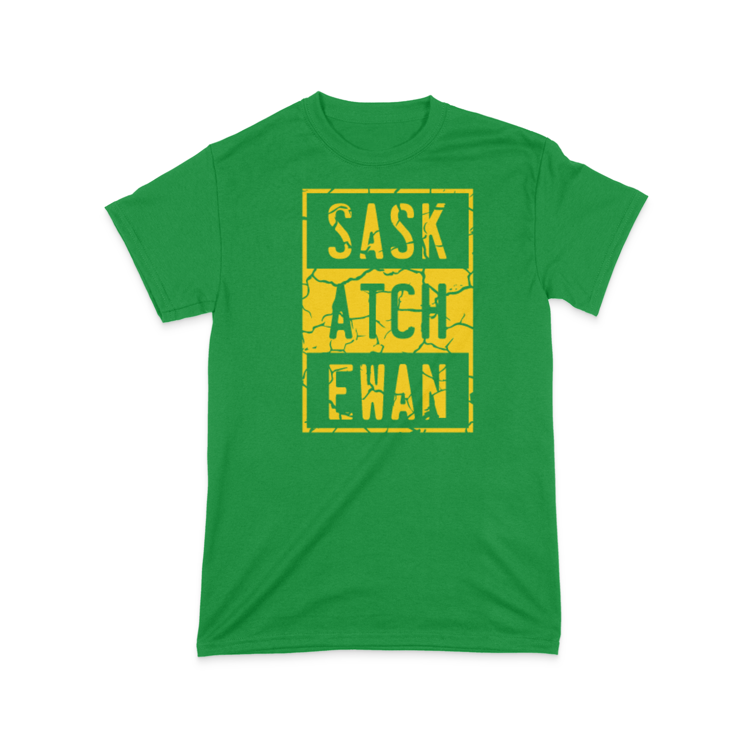 A green t-shirt with a yellow compton style Saskatchewan graphic on the front chest