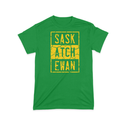 A green t-shirt with a yellow compton style Saskatchewan graphic on the front chest