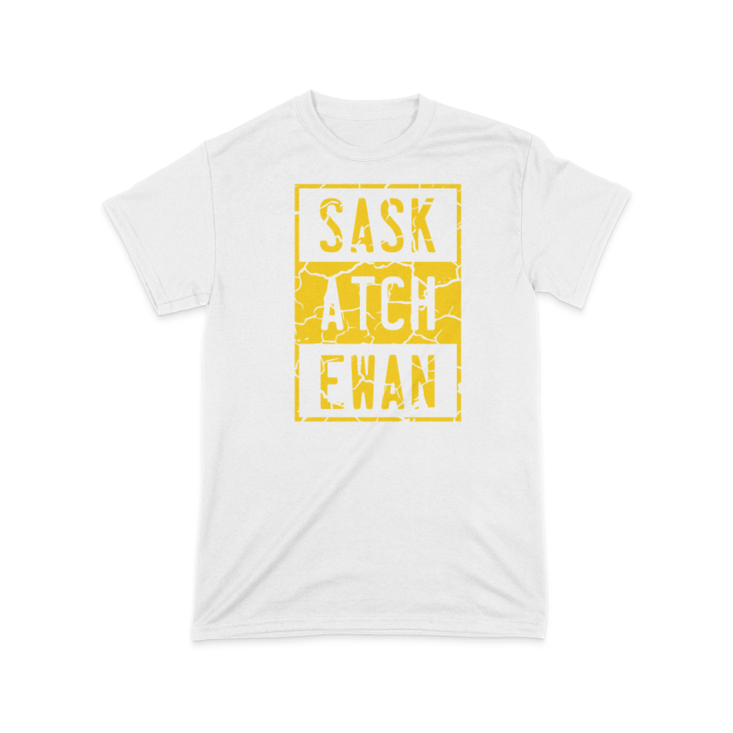 A white t-shirt with a yellow compton style Saskatchewan graphic on the front chest