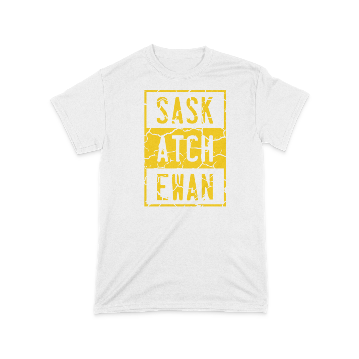 A white t-shirt with a yellow compton style Saskatchewan graphic on the front chest