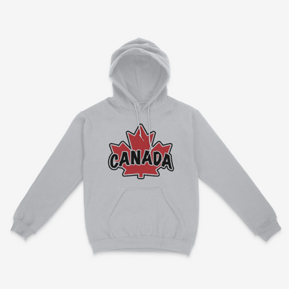 a grey heavy hoodie with a Canadian maple leaf and the word Canada on the chest