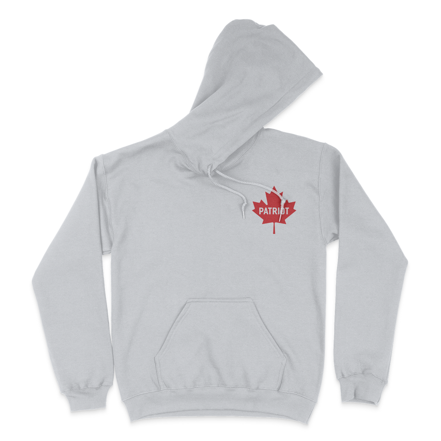 A grey hoodie with the Canadian Maple leaf on the left chest with the word patriot on the leaf