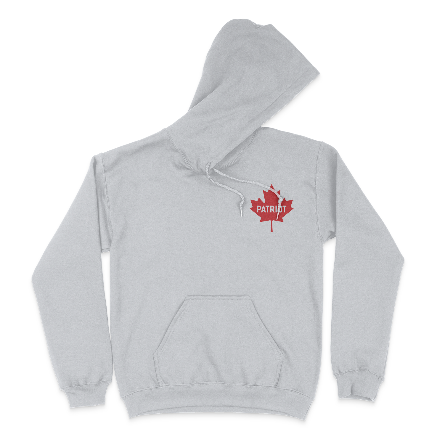 A grey hoodie with the Canadian Maple leaf on the left chest with the word patriot on the leaf