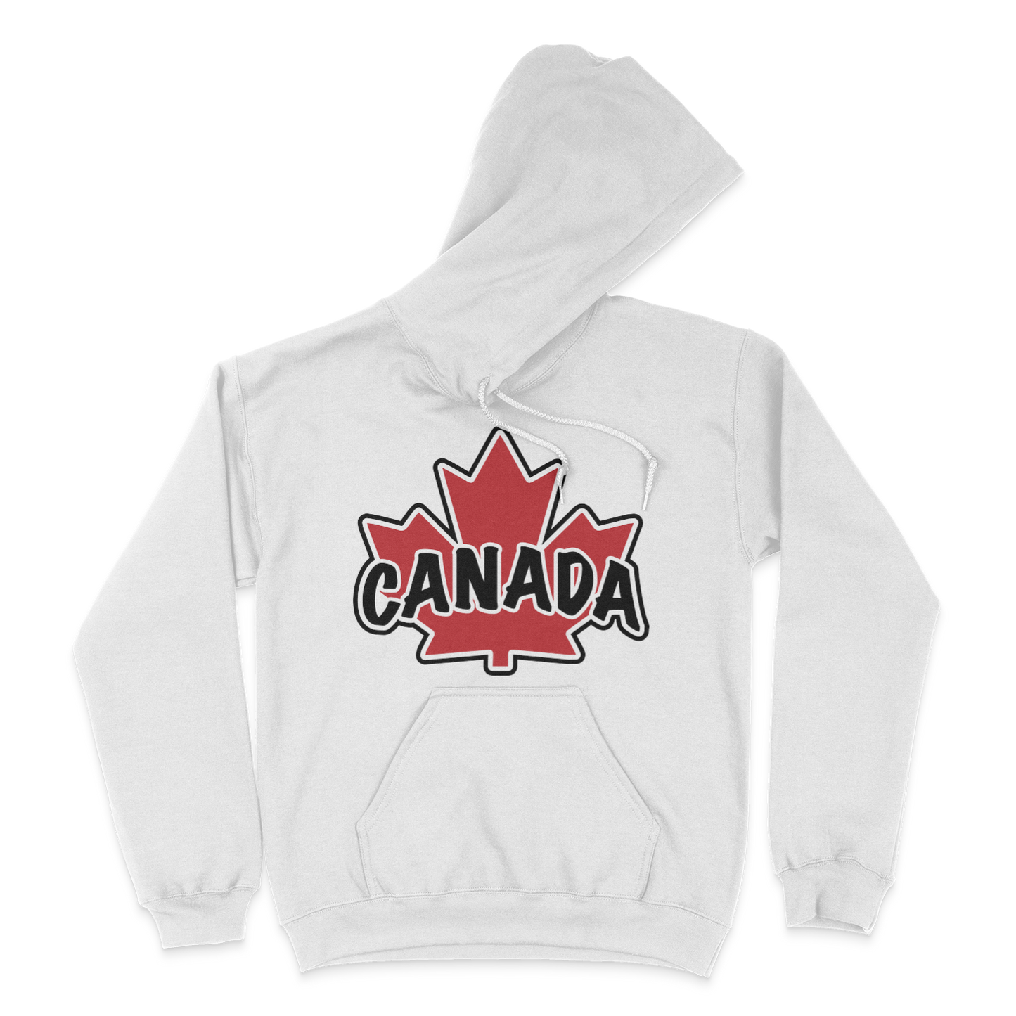 a white heavy hoodie with a Canadian maple leaf and the word Canada on the chest