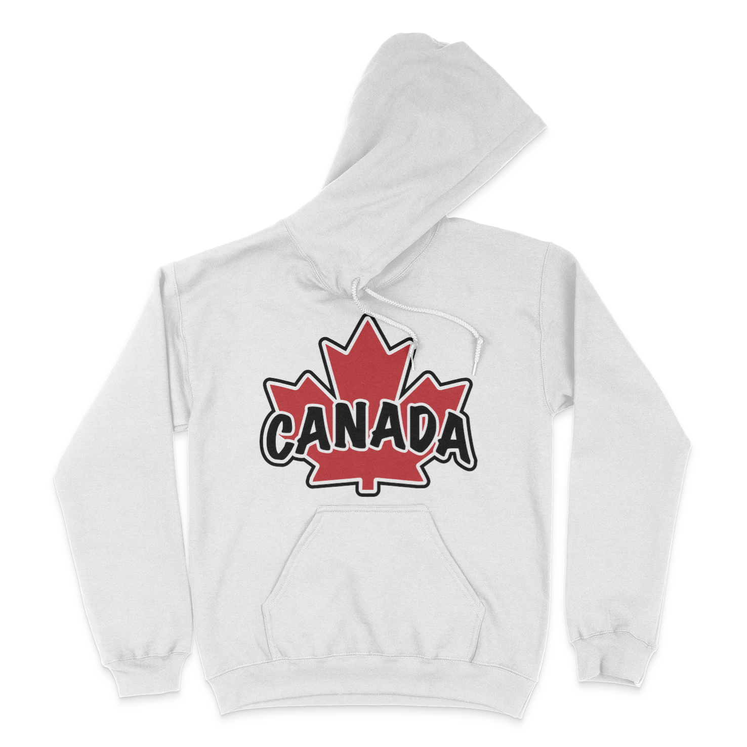 a white heavy hoodie with a Canadian maple leaf and the word Canada on the chest