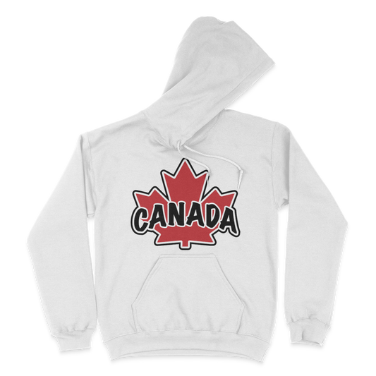 a white heavy hoodie with a Canadian maple leaf and the word Canada on the chest