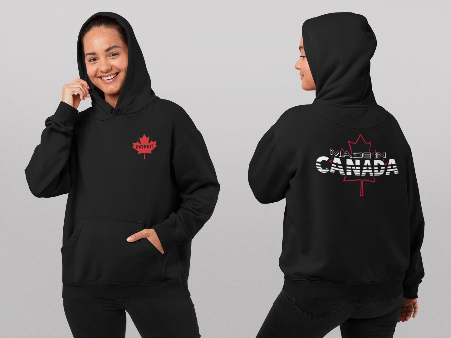 front and back views of a woman wearing a black pullover hoodie that has a patriot maple leaf front left chest and a big maple leaf on the back with made in Canada