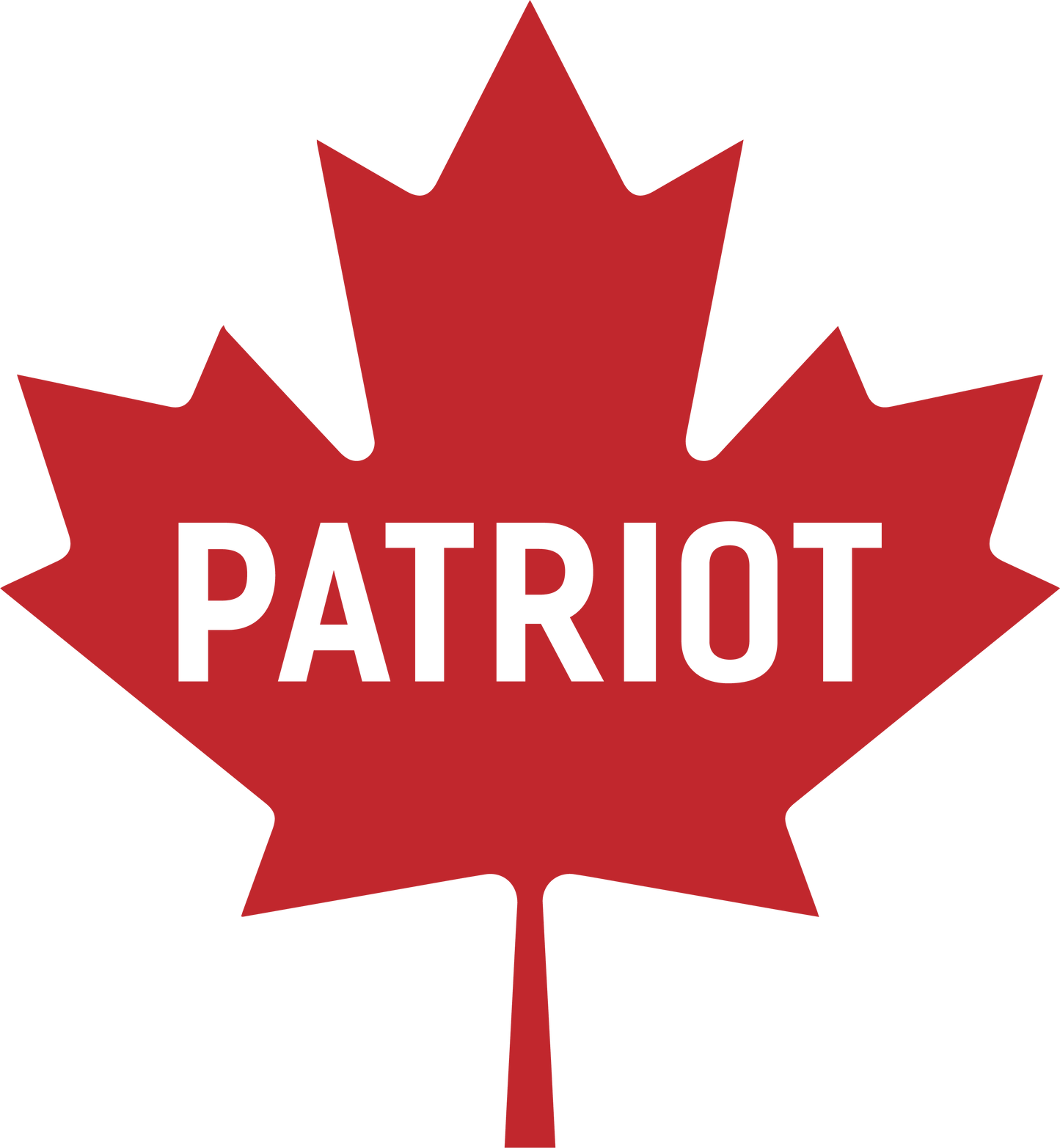 A red Maple leaf decal with the word patriot in the middle