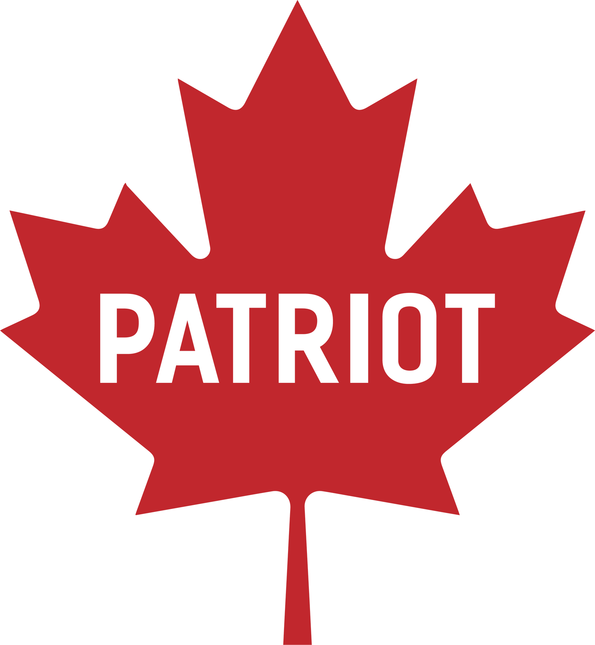 A red Maple leaf decal with the word patriot in the middle